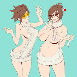 1:1 2girls areolae backless_outfit bangs bare_shoulders beads belly blizzard_entertainment blue_background breasts brown-framed_eyewear brown_eyes brown_hair closed_mouth collarbone covered_breasts covered_navel cowboy_shot dress eyebrows_visible_through_hair eyewear female female_only finger_to_mouth fingernails flat_colors glasses goggles green_background grey_dress grey_sweater groin hair_bun hair_ornament hair_stick halterneck hands_up high_resolution hips large_breasts legs legs_together long_hair looking_at_viewer megane mei_(overwatch) multiple_girls naked_sweater navel nipples no_bra no_underwear nopan one3four! open-back_dress overwatch parted_lips reverse_virgin_killer_sweater ribbed_sweater short_hair sideboob sidelocks simple_background sleeveless sleeveless_turtleneck smile snowflake_liliput spiky_hair spread_legs sweater sweater_dress swept_bangs thighs tied_hair tracer turtleneck virgin_killer_sweater wardrobe_error wardrobe_malfunction