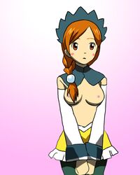 breasts brown_eyes brown_hair coco_(fairy_tail) fairy_tail gradient hair_ornament medium_breasts nipples ponytail skirt tights topless