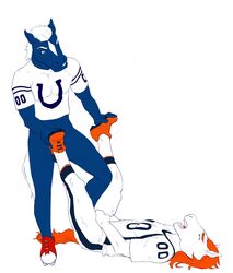 9x9 anthro ballbusting balls blue_(mascot) bottomless clothed clothing cock_and_ball_torture denver_broncos equine horse indianapolis_colts male male_only mammal miles_(mascot) nfl simple_background stomping