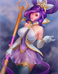 1girls bottomless_skirt breasts casual_exposure covered_breasts dress elbow_gloves female female_only gloves hair_bun high_resolution hips janna_windforce large_breasts league_of_legends legs legwear long_hair mavezar no_panties purple_eyes purple_hair pussy see-through skirt solo staff star_guardian star_guardian_janna star_guardian_series stockings tagme thighhighs thighs tied_hair very_long_hair