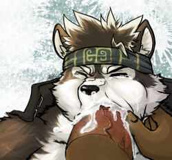 2017 black_fur black_nose canine cheek_bulge closed_eyes crying cum cum_in_mouth cum_inside cum_out_nose erection fellatio fur furry headband horkeukamui male male_only mammal multicolored_fur oral oral_penetration penetration penis sex tears tokyo_afterschool_summoners vein white_fur wolf wulfer-shepherd