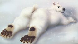 2017 5_toes anthro ass backsack balls bear big_butt black_nose blue_eyes claws fur looking_at_viewer looking_back lying male male_only mammal nude on_front open_mouth outside overweight overweight_male paws polar_bear rear_view sharp_teeth smile snow snowing solo teeth toe_claws toes white_fur zen