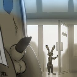 animal_genitalia balls bar bottomless busted clothed clothing disney judy_hopps letodoesart male_focus necktie nick_wilde penis precum sheath shirt tip zootopia