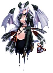 blush breasts crossed_legs demon_girl dragon_wings kenkou_cross lilim_(monster_girl_encyclopedia) lowres monster_girl monster_girl_encyclopedia official_art pointy_ears red_eyes smile succubus tail white_hair wings