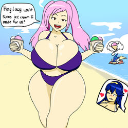 2girls bare_shoulders beach belly bikini blue_eyes blue_hair blush breasts cleavage closed_eyes crossover day eyelashes female fire_emblem fire_emblem_awakening food frog greninja heart holding huge_breasts human ice_cream igphhangout long_hair lucina_(fire_emblem) midriff navel ocean outdoors pink_hair pokemon pokemon_(species) pokemon_xy red_eyes robin_(fire_emblem) robin_(fire_emblem)_(female) sand sky smile standing super_smash_bros. teeth thick_thighs thinking tied_hair twintails water wide_hips