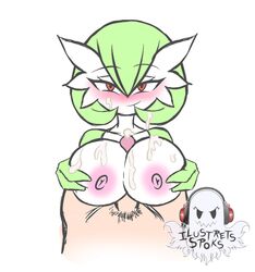 1boy 1girls 2_fingers big_breasts blush breast_grab breasts cum cum_on_breasts cum_on_face cum_on_hair erection eyelashes facial female gardevoir green_hair green_skin holding huge_breasts human humanoid ilustretsspoks interspecies large_breasts looking_at_viewer male male_human/female_humanoid male_human/female_pokemon nintendo nipples nude on_back paizuri penis pokemon pokemon_(species) pokemon_rse pov pubic_hair red_eyes short_hair simple_background smile solo_focus straight text topless watermark white_background white_skin