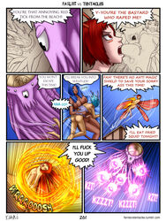 anal antennae aquei_(fvt) big_breasts blue_eyes blue_hair blue_wings bobbydando breasts clothing comic dialogue english_text facial_markings fairies_vs_tentacles fairy female fire hair humanoid insect_wings irah_(fvt) magic markings monster navel nihallaks_(species) nipples nude page_261 presenting presenting_pussy pussy red_eyes red_hair red_wings small_breasts tentacle text torn_clothing transformation tumblr_username wings