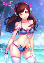 amber_eyes bikini brown_hair d.va female hand_on_thigh jurrig overwatch solo winking