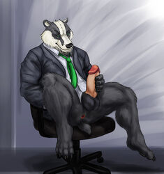 2017 4_toes anthro anus badger balls barefoot biped black_balls black_claws black_clothing black_fur black_nose black_tail black_topwear bottomless chair claws clothed clothing erection eyebrows front_view fur green_eyes holding_penis humanoid_penis looking_at_viewer male male_only mammal multicolored_fur mustelid necktie office_chair penis pink_anus pink_penis rwolf short_tail sitting small_tail snout solo suit toe_claws toes two_tone_fur white_fur