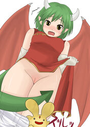 1girls arle_nadja blush blushing carbuncle_(puyo_puyo) china_dress chinese_clothes compile cute_fang draco_centauros dragon_girl dragon_horns dragon_tail dragon_wings dress dress_lift embarrassed fang fangs female gloves green_hair green_tail horns humanoid light-skinned_female light_skin long_tail madou_monogatari no_panties nu_ru_ha_chi nullhachi open_mouth pants partially_clothed partially_nude pointy_ears pussy puyo_puyo puyo_puyo_fever red_wings revealing_pussy sega short_hair standing sweat tail thick_thighs white_pants wings