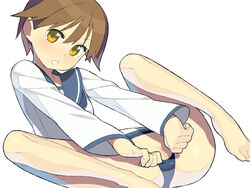 ass barefoot blush bottomless censored clitoris_slip clitslip clothing feet miyafuji_yoshika namaeha_(pixiv77217) panties pomelocandy pussy pussy_peek school_uniform short_hair solo spread_legs strike_witches yellow_eyes