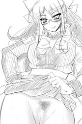 breasts copyright_request glasses large_breasts long_hair monochrome no_panties pointy_chin pubic_hair skirt skirt_lift smile uncensored utamaro