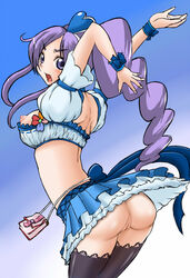 aono_miki arms_up ass back blush bottomless breasts clothing cure_berry drill_hair earrings female fresh_precure! fresh_pretty_cure! hair_ornament jewelry long_hair looking_back magical_girl masakichi_(heppouku) midriff nipple_peek nipple_slip nipples no_panties precure pretty_cure purple_eyes purple_hair pussy small_breasts solo stockings thighhighs uncensored upskirt