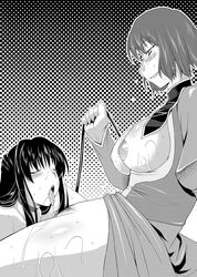 blush breasts closed_eyes collar cunnilingus eyebrows_visible_through_hair female femdom femsub glasses gundam gundam_00 large_breasts leash lezdom licking long_hair marina_ismail monochrome multiple_girls open_mouth oral pubic_hair pussy_juice pussy_licking saliva shirin_bakhtiar short_hair straight_hair sweat tongue tongue_out utamaro yuri