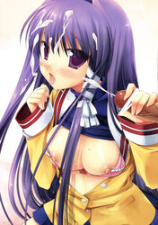 bow bra breasts censored clannad clothing cum cum_on_hair facial framed_breasts fujibayashi_kyou handjob highres lingerie long_hair medium_breasts miyasu_risa nipples open_clothes open_shirt penis pointless_censoring polka_dot polka_dot_bra purple_hair shirt skirt underwear veins veiny_penis