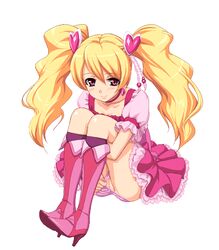 1girls blonde_hair blush boots choker clothing collarbone cure_peach fresh_precure! fresh_pretty_cure! frilled_panties frills heart high_heel_boots high_heels knee_hug leg_hug long_hair magical_girl momozono_love oekaki panties panties_aside panty_pull pink_eyes precure pretty_cure pussy red_eyes simple_background sitting skirt smile solo takayaki tied_hair twintails uncensored underwear