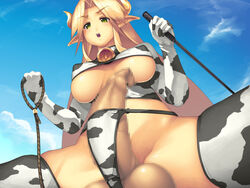 1futa bell bikini blonde_hair breasts bulge censored cleavage clothing copyright_request cow_accoutrements cow_bikini cow_ears cow_girl cow_horns cow_humanoid cow_print cowbell elbow_gloves excessive_foreskin foreskin foreskin_overhang full-package_futanari futanari gloves green_eyes horns intact intersex long_foreskin moo_bitch penis penis_in_panties riding_crop solo_futa spread_legs swimsuit testicles thighhighs uncircumcised uncut underboob unretracted_foreskin yn_red