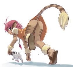 animal_ears antenna_hair ass blue_eyes blush bottomless canine cat_ears cat_tail catgirl dress escaflowne jewelry looking_back merle necklace no_panties pink_hair pussy sandals solo tail uncensored white_background