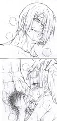 1boy 1girls blunt_bangs chaotic-unknown cum facial fellatio female grafite_(medium) kannagi male monochrome nagi oral penis pubic_hair sketch traditional_media uncensored