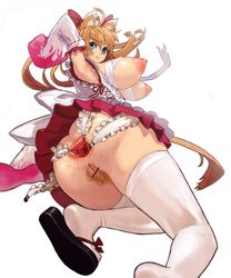 anus areola areolae ass ass_juice bottomless breasts brown_hair censored chikokuma detached_sleeves female frills gaping huge_breasts japanese_clothes long_hair miko nipples original pleated_skirt pointless_censoring pubic_hair puffy_nipples pussy revealing_clothes skirt smile spread_anus thighhighs white_legwear zouri