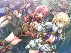 3girls aqua_eyes armor ball_gag bit_gag blonde_hair blush bondage breast_bondage breasts brown_hair center_opening clothing coffle crotch_rope defeated female female_only femsub gag gagged game_cg gauntlets humiliation kamen_no_goumonshi long_hair monster multiple_girls multiple_subs nipples open_mouth_gag party_wipe photoshop pink_hair public_humiliation purple_eyes pussy_juice ring_gag rope saliva slave source_request spoils_of_war tears tongue_clamp tongue_forced_out tongue_gag