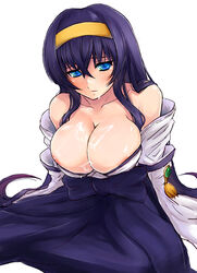 big_breasts breasts bursting_breasts cleavage clothing cum cum_on_body cum_on_breasts cum_on_upper_body facial hairband hakama himemiya_chikane huge_breast huge_breasts japanese_clothes kannazuki_no_miko large_breasts long_hair massive_breasts miko miyamoto_issa purple_hair