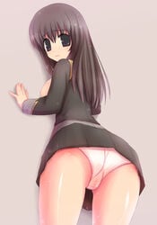 1girls ass bent_over black_eyes black_hair breasts female huge_eyes long_hair looking_back panties pink_panties pussy see-through setsuko_ohara simple_background solo super_robot_wars super_robot_wars_z sweat uncensored underwear unikurage upskirt