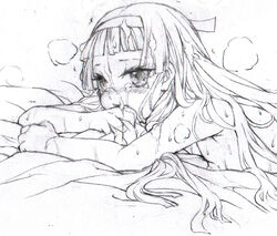 blunt_bangs chaotic-unknown cum facial flat_chest grafite_(medium) kannagi monochrome nagi tears traditional_media