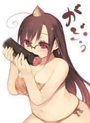 arima_senne bikini bite biting blush breasts brown_eyes brown_hair cleavage dark-skinned_male dark_penis dark_skin female foreskin glasses horn horns interracial kashiwamochi_yomogi large_breasts long_hair male oni original penis penis_biting plump setsubun straight straight_hair swimsuit tiger_print uncensored