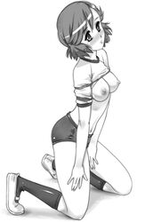 ass black_socks bloomers bondage breast_bondage breasts buruma clothing footwear gym_uniform highres kannagi knee_socks kneehighs kneesocks medium_breasts mine_(peak) monochrome navel nipples on_knees shirt_lift shirt_up socks uwabaki