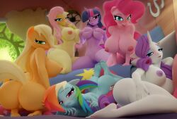 3d 3d_(artwork) absurd_res anthro anthrofied applejack_(mlp) ass barefoot big_breasts big_butt breasts digital_media_(artwork) equid equine feet female female_only fluttershy_(mlp) friendship_is_magic genitals hair harem hasbro hi_res hooves-art horn huge_breasts mammal mane_six_(mlp) multiple_girls my_little_pony nipples nude pink_body pink_hair pinkie_pie_(mlp) pov pov_eye_contact pussy rainbow_dash_(mlp) rarity_(mlp) thick_thighs twilight_sparkle_(mlp) unicorn