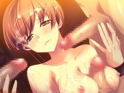 1girls 3boys alternate_version_available atlus breasts brown_eyes brown_hair bukkake censored cum cum_in_mouth cum_on_body cum_on_breasts cum_on_hair cum_on_upper_body dutch_angle facial female forced_paizuri frown gangbang group_sex human male megami_tensei multiple_penises nipples paizuri penis persona persona_4 rape satonaka_chie sega short_hair skyscraper_(artist) straight tomboy tongue wristband