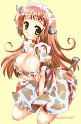 animal_ears bell bell_collar blush breasts brown_eyes brown_hair bukkake cleavage collar cow_ears cow_print cum horns huge_breasts kneeling long_hair maid original saiya straight_hair tail