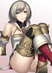 ashelia_b'nargin_dalmasca bare_shoulders brown_eyes brown_hair censored female final_fantasy final_fantasy_xii kansuke pussy short_hair sitting solo thighhighs