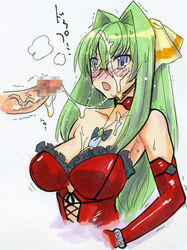 breasts censored cleavage corset cum facial glasses green_hair kannagi_itsuki kikuta penis shimoyama_mutsumi sora_wo_kakeru_shoujo surprised trembling