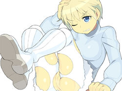 blue_eyes boots censored clothing nikka_edvardine_katajainen pantyhose pomelocandy pussy short_hair small_breasts strike_witches torn_clothes torn_pantyhose white_legwear white_pantyhose