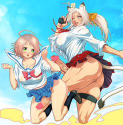 2futas ass big_breasts big_penis blush bottomless_skirt breasts casual censored chinbotsu clothing color copyright_request dickgirl erect_nipples erect_nipples_under_clothes erection erection_under_clothes erection_under_skirt firearm footwear futa_only futa_sans_balls futa_with_futa futanari green_eyes gun handgun highres huge_ass huge_cock human intersex large_breasts larger_futanari legwear multiple_girls muscular muscular_futanari muscular_thighs nipple_bulge no_panties pale_skin penis penis_out penis_under_clothes penis_under_skirt pink_hair plaid plaid_skirt pleated_skirt pussy revolver school_uniform see-through size_difference skirt skirt_lift smaller_futanari tail tartan tartan_skirt thick_thighs veins veiny_penis weapon white_hair