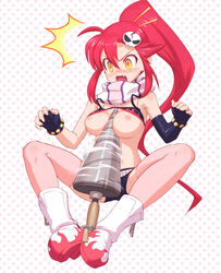 bikini_top blush boots breasts drill elbow_gloves female fingerless_gloves gloves long_hair nipples ponytail red_hair scarf sitting spread_legs surprised swimsuit tengen_toppa_gurren_lagann thighhighs tied_hair uni yellow_eyes yoko_littner