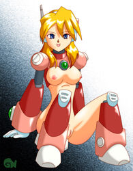 1girls :p alia android blonde_hair blue_eyes bottomless breasts female green-ninja greenninja long_hair mega_man mega_man_x nipples no_bra on_back pussy reploid shaved sitting solo tongue_out