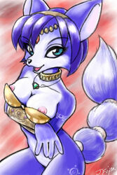 5_fingers anthro black_nose blue_eyes blue_fur blue_hair bottomless bra breasts choker clothes color female female_only fox fur furry furry_breasts furry_ears furry_tail hair j-fujita krystal looking_at_viewer mostly_nude nintendo nipples nude open_eyes open_mouth pointy_ears raised_tail short_hair solo star_fox tail white_fur