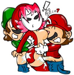 1girls 2007 2boys artist_initials artist_logo breasts brown_hair clothes color cum erection facial_hair female hat human insertion interspecies luigi male mario mario_(series) mustache nintendo penis penis_in_vagina perverted_bunny rule_63 sex shy_gal side_view smooth_penis straight straight_hair vagina