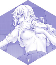 1girls after_sex blush bra bra_lift breasts busou_renkin cum cum_on_body cum_on_breasts cum_on_clothes cum_on_upper_body female kouda_tomohiro lingerie lying monochrome open_mouth saliva school_uniform serafuku shirt_lift short_hair skirt solo sweat tateyama_chitose underwear