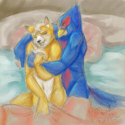 2006 anthro bed color falco_lombardi fox fox_mccloud fur furry furry_only interspecies male male_only multiple_males nintendo no_humans nude pheasant star_fox tagme yaoi