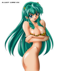 1girls blue_eyes breasts codama curvaceous fangs female green_hair horns humanoid large_breasts light-skinned_female light_skin long_hair looking_at_viewer lum oni pointy_ears princess solo tagme tiger_print urusei_yatsura wide_hips