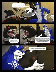 anus ass bondage bound clothing collar comic dialogue fur imminent_rimming male male_only mammal multiple_males nox_(sonicfox) open_mouth reptile scalie sonicfox wfa yaoi