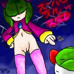 ambiguous_gender bottomless crossover exposed_pussy female housyasei_san japanese_text minun_(artist) obscured_eyes pointing pokemon ralts seedrian sonic_(series) sonic_x starla_the_seedrian straight_hair translation_request