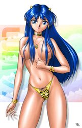 1990s 1997 1girls 20th_century bikini_bottom blue_eyes blue_hair breasts collar curvaceous dated female horns humanoid large_breasts light-skinned_female light_skin long_hair looking_at_viewer lum nail_polish nipples oni pointy_ears princess satoshi_igarashi solo swimsuit tiger_print topless urusei_yatsura wide_hips