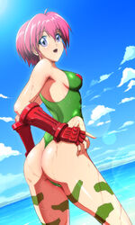 ass breasts cammy_white_(cosplay) female hinomoto_hikari leotard medium_breasts mole open_mouth red_hair sea shopyun short_hair street_fighter tokimeki_memorial tokimeki_memorial_2 wet