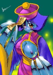 blue_skin blush breasts breasts_out clothing clothing_pull darkstalkers erect_nipples erect_nipples_under_clothes hsien_ko jiangshi juan_gotoh lei-lei lei_lei medium_breasts nipples pulled_by_self tagme