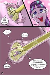 2017 absurdres clitoris comic dialogue duo english_text equine female feral fluttershy_(mlp) friendship_is_magic giantess gtsdev highres hooves horn mammal micro multicolored_hair my_little_pony open_mouth pegasus pencil_(object) penetration pink_hair pussy pussy_juice starlight_glimmer text tongue unbirthing unicorn vaginal_penetration vore what wings